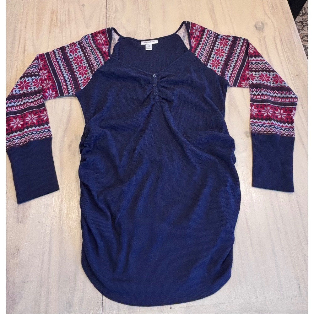 Motherhood Maternity XL Navy Blue Fair Isle Waffle Knit Thermal Henley Tunic Top